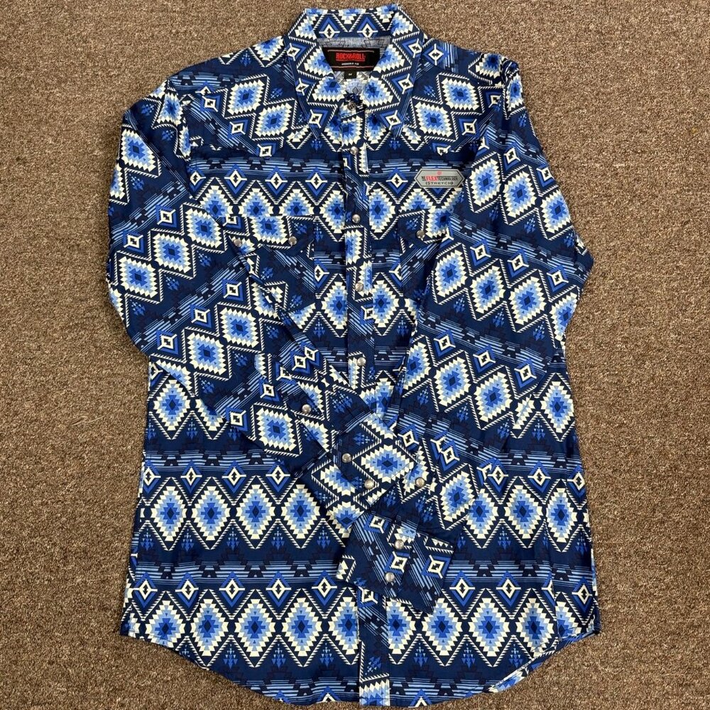 Rock & Roll Men's Long Sleeve Southwest Print Snap Shirt - Blue